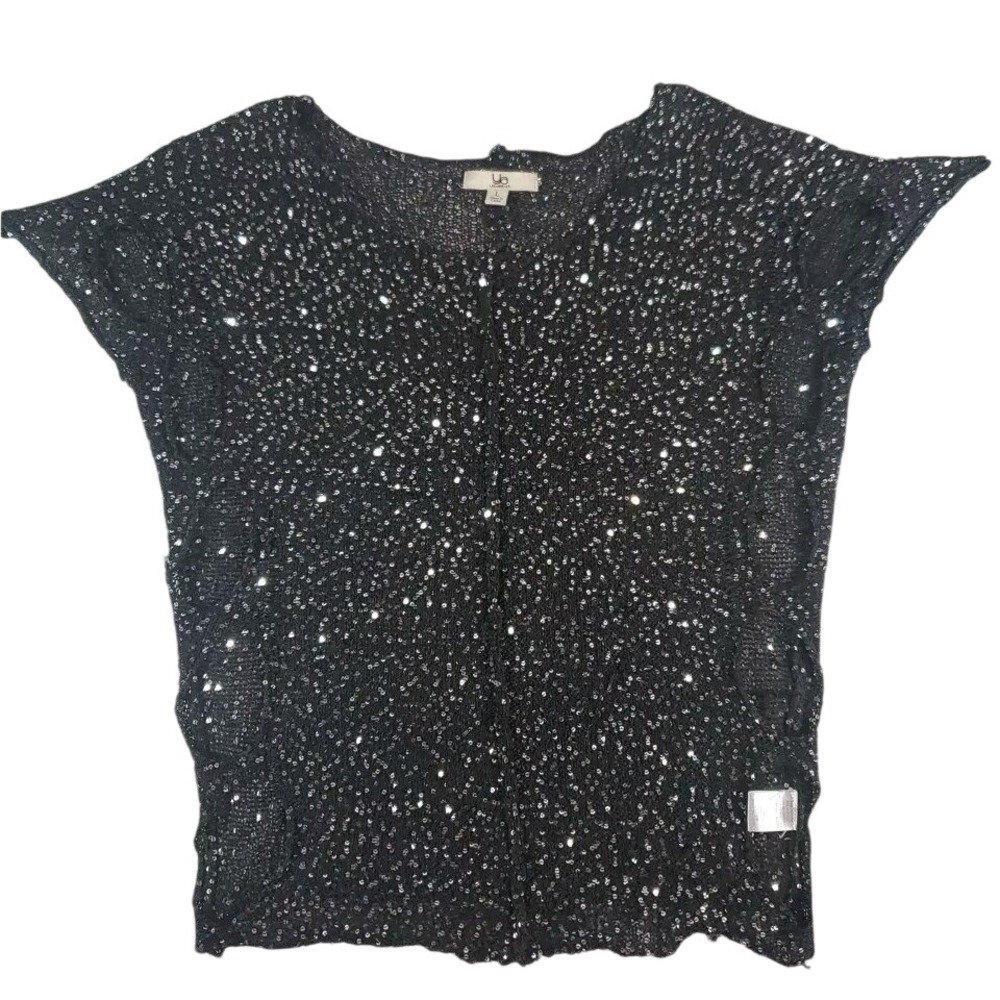 Womens YA Los Angeles Black Sequin Knit Top‎ Size L Side Cutout Festival Party